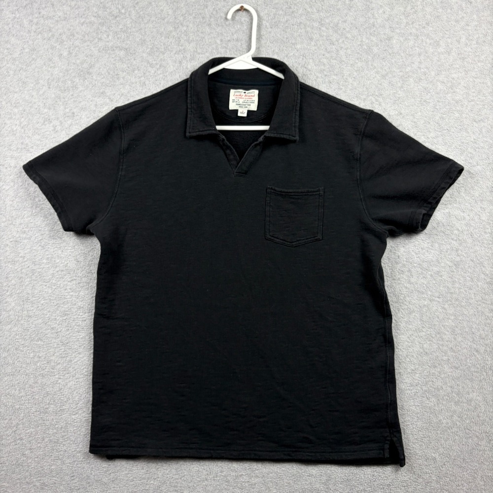 Lucky Brand Shirt Mens Large Black French Terry Johnny Collar Polo Resort Preppy